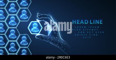 HR manage. Abstract 3d human hand hold leader icon in hexagon on top of people pyramid. Manage human resurse, team leader, recruitment process, change Stock Vector