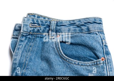 Denim set isolated, folded blue jeans pants collage over white