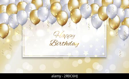 Happy birthday card with frame for text. Golden and white balloons. Holiday party background. Gold, pearl balloons on light golden background. Vector Stock Vector