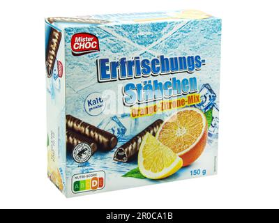 Mister Choc Erfrischungsstäbchen Orange Zitrone und Verpackung Stock Photo