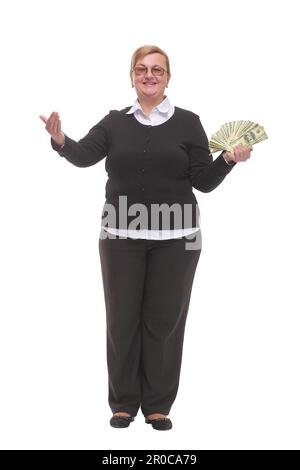 Mature lady holding a bunch of 100-dollar bills with surprised facial expression Stock Photo