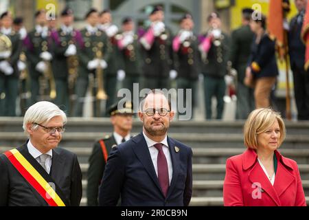 Brussels, Belgium. 08th May, 2023. Vice-governor of the administrative district Brussels-Capital Jozef Ostyn, Federal Minister Vincent Van Quickenborne and Chamber chairwoman Eliane Tillieux pictured during the commemoration ceremony of the 78th anniversary of the end of the Second World War in Europe, at the Tomb of the Unknown Soldier, in Brussels, Monday 08 May 2023. Exactly 78 years ago, on May 8, 1945 at 3:00 pm, the European population learned that the Second World War was coming to an end. The German army signed their capitulation the night before and the Allies were victorious. With th Stock Photo