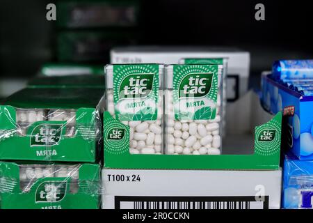 Tyumen, Russia-March 17, 2023: Tic Tac Candy is popular due its minty fresh taste. Tic Tac is a brand owned by Ferrero. Stock Photo