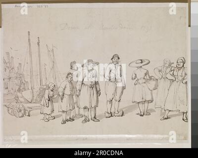 Verso. Sketch of Dutch fisherfolk, Amsterdam, 1792. Thomas Rowlandson.  On verso: Sketch of Dutch fisherfolk and inscribed by the artist, 'Drawn at Amsterdam 1792'. Recto: Pier at Amsterdam. Stock Photo