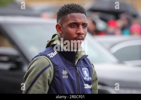 Isaiah Jones #2 of Middlesbrough arrives at The Riverside Stadium ahead of the Sky Bet Championship match Middlesbrough vs Coventry City at Riverside Stadium, Middlesbrough, United Kingdom, 8th May 2023  (Photo by James Heaton/News Images) Stock Photo