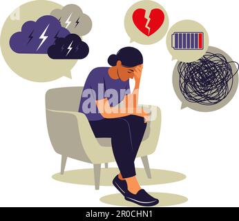 Depressed sad woman thinking over problems. Depression disorder: anxiety, crisis, tears, exhaustion, loss, overworked, tired. Vector. Flat Stock Vector