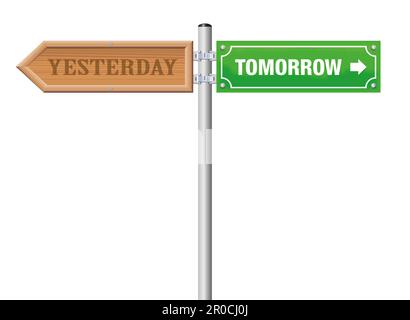 YESTERDAY and TOMORROW, written on a wooden and a green street sign - symbol for looking backwards and forwards, for bygone and challenge, for history. Stock Photo
