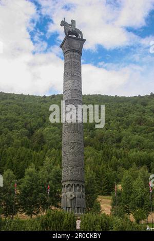 Sagasøyla (Saga Column), 34 metres high, Bøverdal Valley, Lom, Oppland, Norway, Stock Photo
