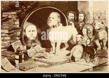 Photograph of Satirical Drawing - 1867 Election.  Satirical Drawing in which a pack of stray dogs are depicted, their heads replaced with those of MPs, including John Bright, R W Dale, George Dawson, George Dixon, Charles Vince, J S Lloyd and two others. The pile on the left shows various books and. political papers. Stock Photo