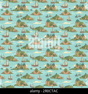 An illustration of boats in the sea near a green island in seamless pattern Stock Photo