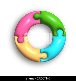 The circle consists of 3 puzzle pieces. 3d illustration for creative ideas and creative design. Volumetric style, rendering Stock Vector