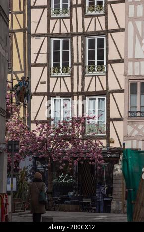 Place du Lieutenant Aubert in the historic city centre of Rouen, France in spring with a street sign of a cello player. Stock Photo