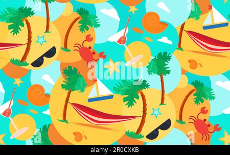 Hello Summer Seamless Pattern with hammock, crab, stars and cocktail on palm beach. Vacation and travel exotic tropical ornament for print, clothes, t Stock Vector
