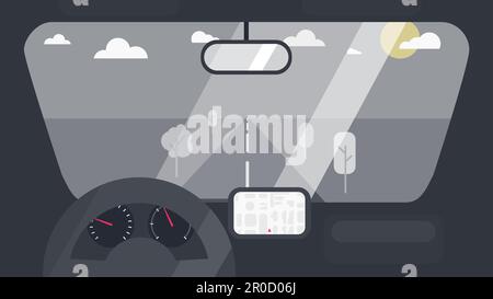 Inside car interior with wheel, speedometer, gps navigator. Vehicle background with view of road in window. Vector Stock Vector