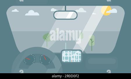 Inside car interior with wheel, speedometer, gps navigator. Vehicle background with view of road in window. Vector Stock Vector