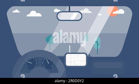 Inside car interior with wheel, speedometer, gps navigator. Vehicle background with view of road in window. Vector Stock Vector