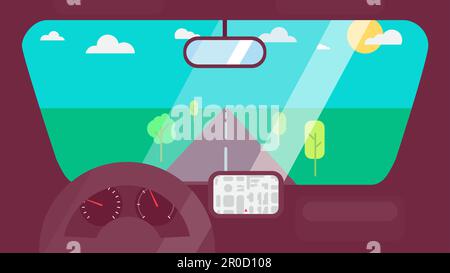 Inside car interior with wheel, speedometer, gps navigator. Vehicle background with view of road in window. Vector Stock Vector