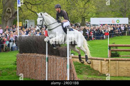 Badminton, UK. 07th May, 2023. 07 May 2023 - Badminton Horse Trials - Cross-Country Test - Badminton - Gloucestershire Richard Jones rides Alfies Clover during the Cross-Country Test at the Badminton Horse Trials. Picture Credit: Mark Pain/Alamy Live News Stock Photo
