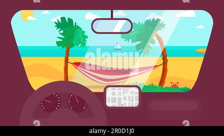 Hello Summer Concept with hammock on palm beach from inside car interior with wheel, speedometer, gps navigator. Vacation travel tropical poster with Stock Vector