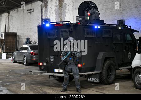 Antwerp, Belgium. 08th May, 2023. A Lenco bearcat pictured during a training session of the Antwerp police arrest unit, with Lenco bearcat armoured vehicles, in Antwerp, Monday 08 May 2023. BELGA PHOTO DIRK WAEM Credit: Belga News Agency/Alamy Live News Stock Photo
