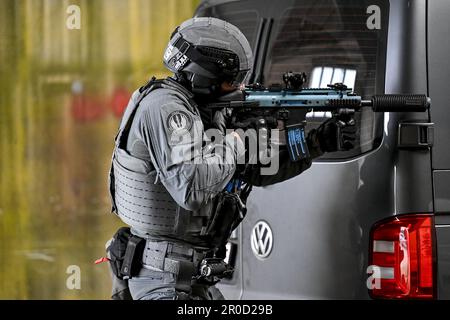 Antwerp, Belgium. 08th May, 2023. illustration picture shows a training session of the Antwerp police arrest unit, with Lenco bearcat armoured vehicles, in Antwerp, Monday 08 May 2023. BELGA PHOTO DIRK WAEM Credit: Belga News Agency/Alamy Live News Stock Photo