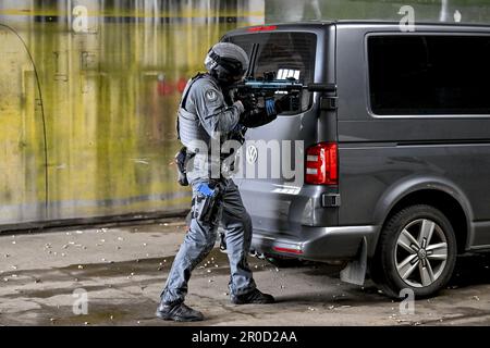 Antwerp, Belgium. 08th May, 2023. Illustration picture shows a training session of the Antwerp police arrest unit, with Lenco bearcat armoured vehicles, in Antwerp, Monday 08 May 2023. BELGA PHOTO DIRK WAEM Credit: Belga News Agency/Alamy Live News Stock Photo