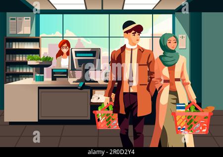 happy couple shopping at supermarket with products in cart family in store buying groceries horizontal Stock Vector
