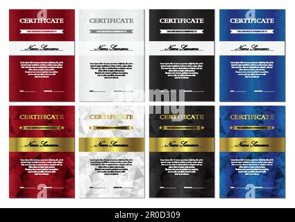 Vertical red, white, black and blue certificate and diploma templates set with vintage, floral pattern and polygonal pattern for winner for achievemen Stock Vector
