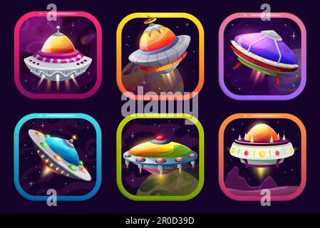 Cartoon UFO space game app icon, vector ui or gui assets. Futuristic flying saucers in fantasy galaxy with alien planets, asteroids and stars rounded Stock Vector