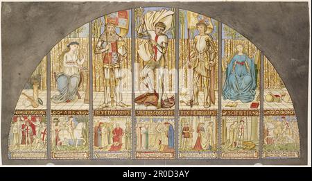 Wars of the Roses - Edward IV, Henry VI, St George with Allegory, 1862-64. Watercolour - Stained Glass Design. Sir Edward Burne-Jones.  Stained glass design of three historical figures flanked by art on the left and science on the right, scenes of the life of St George below. Stock Photo