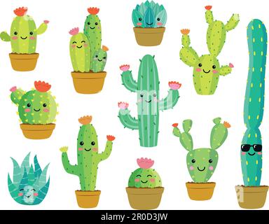 Vector illustration set of funny cactus characters in cartoon style isolated on white background Stock Vector