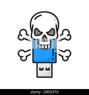Computer virus on flash drive, danger of infection with malicious programs, viruses color line icon. Vector malware virus danger, skull head Stock Vector