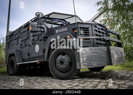 Antwerp, Belgium. 08th May, 2023. A Lenco bearcat pictured during a training session of the Antwerp police arrest unit, with Lenco bearcat armoured vehicles, in Antwerp, Monday 08 May 2023. BELGA PHOTO DIRK WAEM Credit: Belga News Agency/Alamy Live News Stock Photo