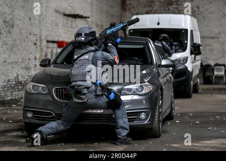 Antwerp, Belgium. 08th May, 2023. Illustration picture shows a training session of the Antwerp police arrest unit, with Lenco bearcat armoured vehicles, in Antwerp, Monday 08 May 2023. BELGA PHOTO DIRK WAEM Credit: Belga News Agency/Alamy Live News Stock Photo