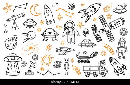 Doodle space planets, astronauts, spaceship, comets and asteroids. Cosmos research, space flight or adventure line vector pictograms. Galaxy discovery Stock Vector