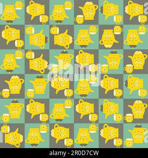 Vector breakfast dishes seamless pattern background. Geometric backdrop with yellow retro teapots and cups. spoons, Patchwork style geometric scandi Stock Vector
