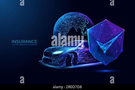 Car insurance, globe and shield with check mark. Stock Vector