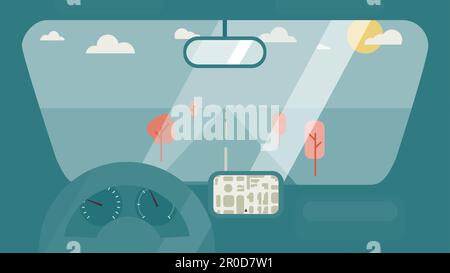 Inside car interior with wheel, speedometer, gps navigator. Vehicle background with view of road in window. Vector Stock Vector