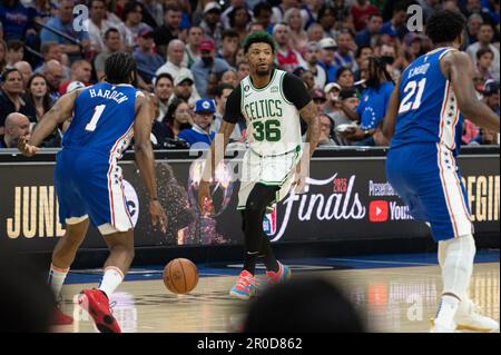 Philadelphia, Philadelphia, PA, USA. 7th May, 2023. PHILADELPHIA, PA - MAY 7: Marcus Smart #36 of the Boston Celtics drives to the basket during Round 2 Game 4 of the Eastern Conference Semi-Finals 2023 NBA Playoffs against the Philadelphia 76ers on May 7, 2023 at the Wells Fargo Center in Philadelphia, PA. (Credit Image: © Stephen Nadler/PX Imagens via ZUMA Press Wire) EDITORIAL USAGE ONLY! Not for Commercial USAGE! Credit: ZUMA Press, Inc./Alamy Live News Stock Photo