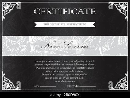 Horizontal black dark certificate and diploma template with vintage, floral, filigree and cute pattern for winner for achievement. Blank of award coup Stock Vector