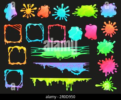 Cartoon colorful slime frames, splashes and blob drips, vector backgrounds. Green mucus slime borders with liquid drops and splats, color paint splatt Stock Vector