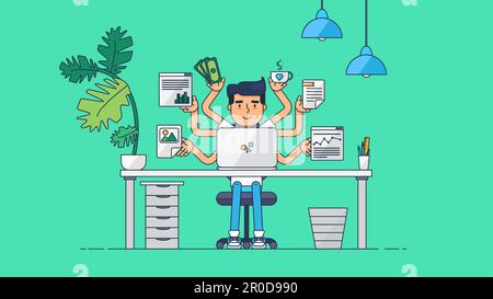 Workspace of Professional Working Developer, Programmer, System Administrator or Designer with desk, chair, notebook Business project or startup conce Stock Vector