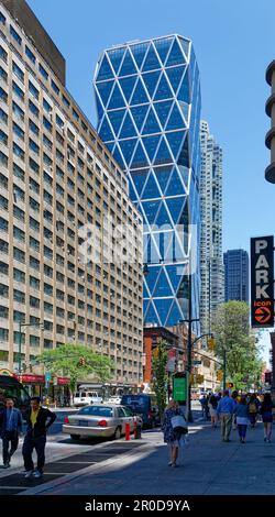 The diagrid glass Hearst Tower was built in 2006 atop the stone Hearst Magazine Building of 1928. Stock Photo