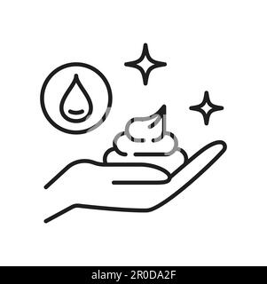 Foam and hand icon, liquid soap and hands washing or hygiene, line vector. Moisturizing cream, shaving gel or soap foam with water drop, face skin and Stock Vector