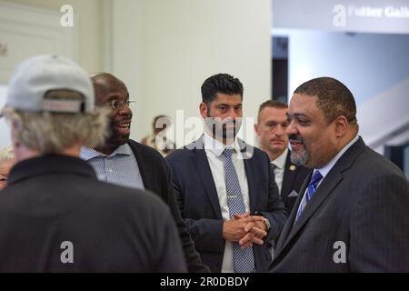 New York, New York, USA. 7th May, 2023. Manhattan District Attorney Alvin Bragg meets with attendees of the West Side Town Hall at the Museum of Natural History in the lobby before his departure. (Credit Image: © Mark J. Sullivan/ZUMA Press Wire) EDITORIAL USAGE ONLY! Not for Commercial USAGE! Stock Photo