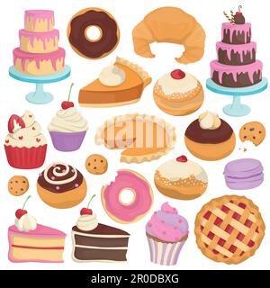 Collection of colorful cartoon illustrations of various desserts and treats. Isolated hand drawn vectors. Stock Vector