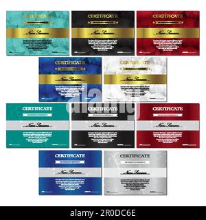Vertical red, white, black, turquoise and blue certificate and diploma templates set with vintage, floral pattern and polygonal pattern for winner for Stock Vector