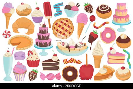 Collection of colorful cartoon illustrations of various desserts and treats. Isolated hand drawn vectors. Stock Vector