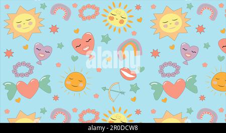Seamless pattern vector background sun, heart, stars, flowers, lips, romance valentine childish eps10 vector Stock Vector
