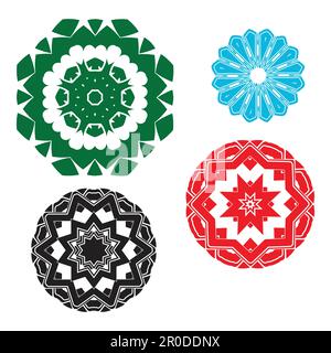 A set of six circular designs with the word flower in black and white. Stock Vector
